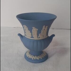 Wedgwood Jasperware Small Urn People, Trees, Dog, Goat 3.5 inches tall